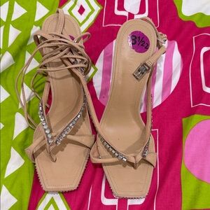 SCHUTZ Tan Strappy Heels with Rhinestones